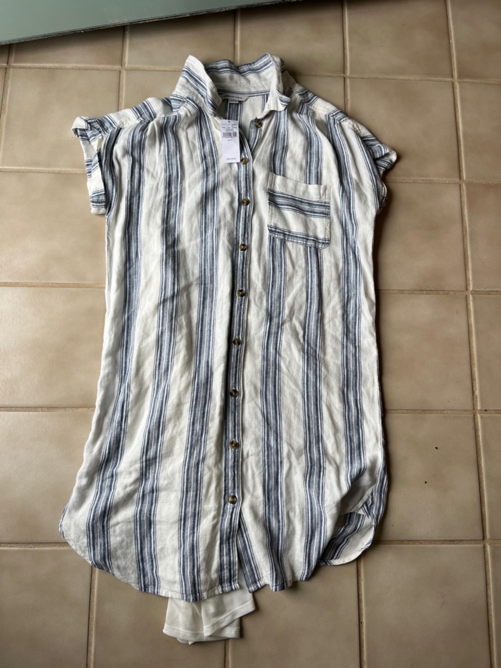 AEO Striped Button-Front Shirt Dress in White and Blue NWT Size S, beachy BOHO